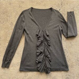 DKNYC Ruffle Front Cardigan Small Charcoal Gray Cotton Blend